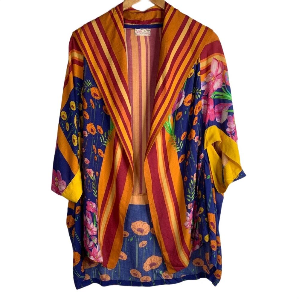 Free People Beach Comber Print Kimono Wrap Top Floral Stripes One Size